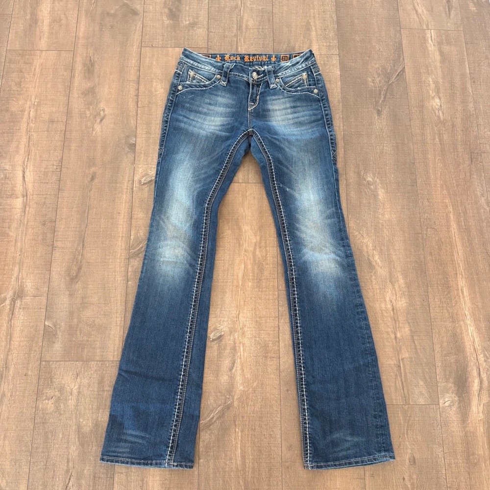Rock Revival Leah Easy Bootcut Jeans Womens 25 Blue western moto Contrast Stitch